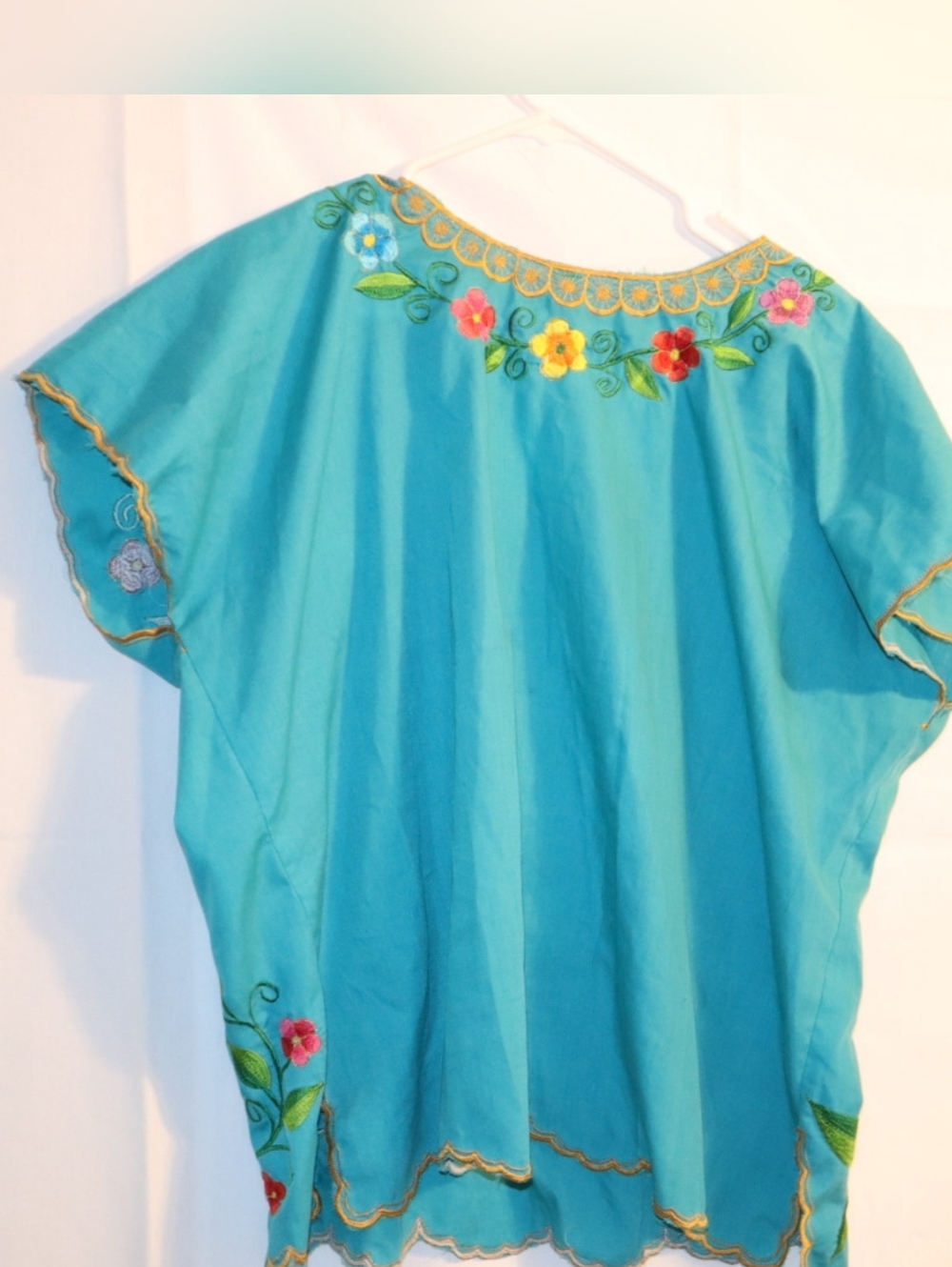 Teal Mexican Embroidered Blouse – Artisan Cotton Peasant Top, Boho Fiesta Sz 18 - Picture 5 of 10